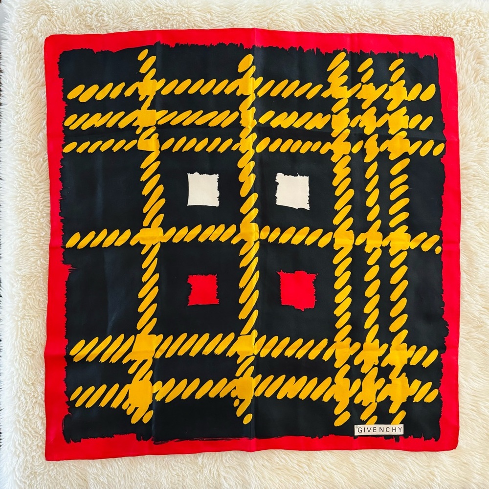 Vintage Givenchy Silk Scarf - Black, Yellow & Red Square